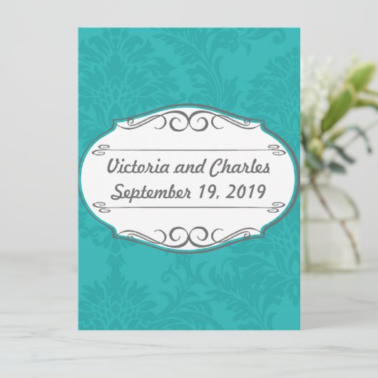 Modern Turquoise Chartreuse Damask Wedding Kaart (Staand voorkant)