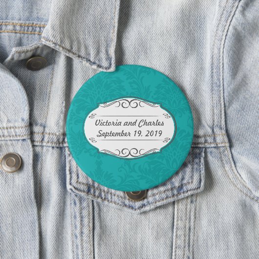 Modern Turquoise Chartreuse Damask Wedding Ronde Button 4,0 Cm (In situ)