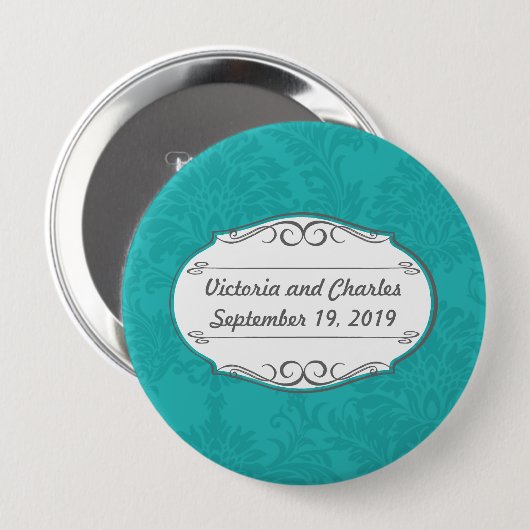 Modern Turquoise Chartreuse Damask Wedding Ronde Button 4,0 Cm (Voorkant /achterkant)