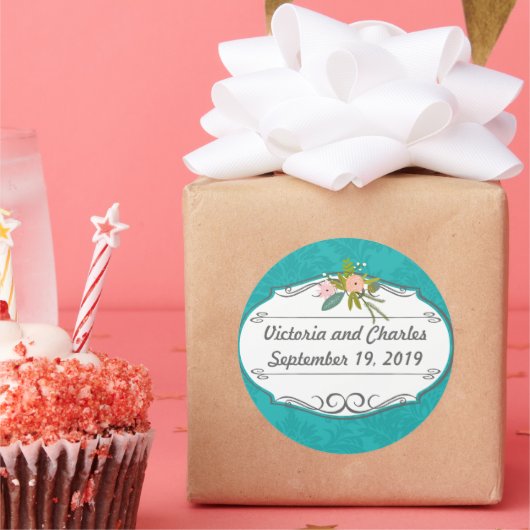 Modern Turquoise Chartreuse Damask Wedding Ronde Sticker (Feest)