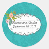 Modern Turquoise Chartreuse Damask Wedding Ronde Sticker (Voorkant)
