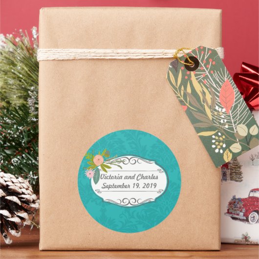 Modern Turquoise Chartreuse Damask Wedding Ronde Sticker (Feestdagen)