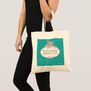 Modern Turquoise Chartreuse Damask Wedding Tote Bag