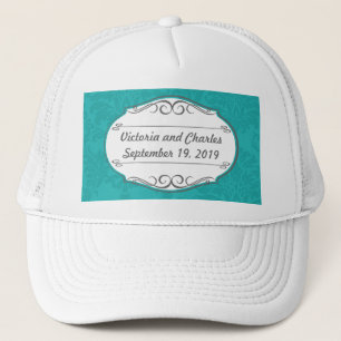 Modern Turquoise Chartreuse Damask Wedding Trucker Pet