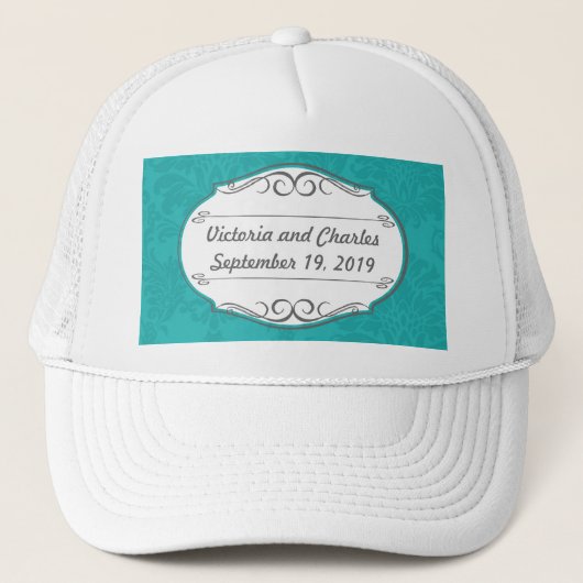 Modern Turquoise Chartreuse Damask Wedding Trucker Pet (Voorkant)