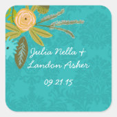 Modern Turquoise Chartreuse Damask Wedding Vierkante Sticker (Voorkant)