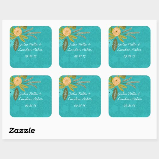 Modern Turquoise Chartreuse Damask Wedding Vierkante Sticker (Vel)