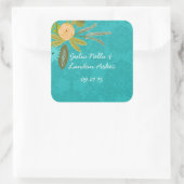 Modern Turquoise Chartreuse Damask Wedding Vierkante Sticker (Tas)
