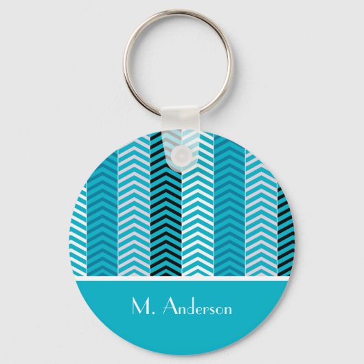 Modern Turquoise Chevron Stripes met naam Sleutelhanger (Voorkant)