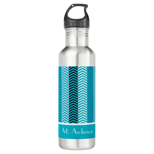 Modern Turquoise Chevron Stripes met naam Waterfles (Voorkant)
