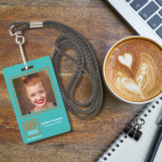 Modern Turquoise Copper Square Monogram Logo Foto Badge