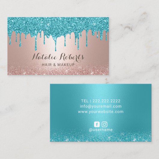 Modern Turquoise Drift Roos Gold Makeup Hair Salon Visitekaartje (Voorkant / Achterkant)
