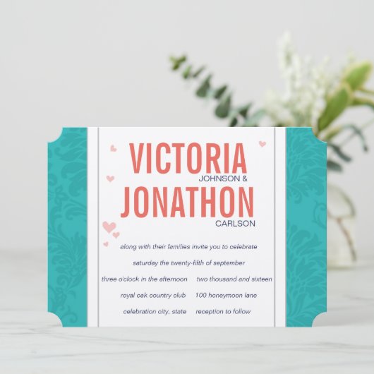 Modern Turquoise en Coral Damask Wedding Kaart (Staand voorkant)