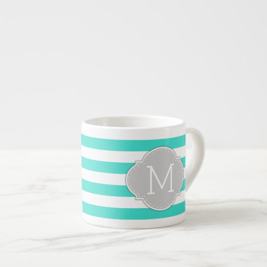 Modern Turquoise en White Stripes met Mongoram Espresso Kop (Voorkant rechts)