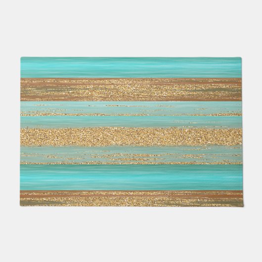Modern Turquoise Faux Gold Glitter Stripes Patroon Deurmat (Voorkant)