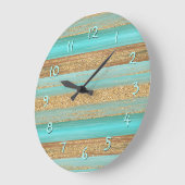 Modern Turquoise Faux Gold Glitter Stripes Patroon Grote Klok (Hoek)