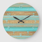 Modern Turquoise Faux Gold Glitter Stripes Patroon Grote Klok (Voorkant)