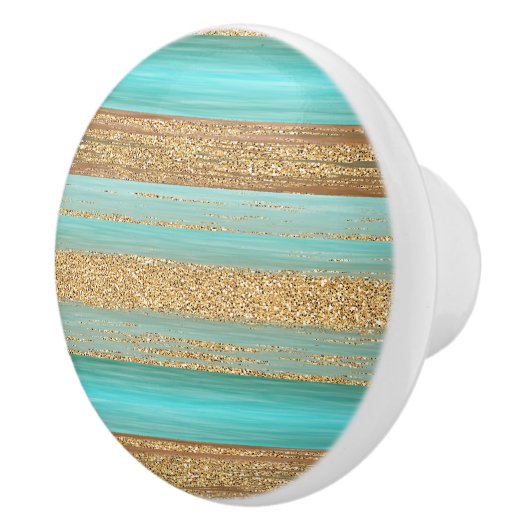 Modern Turquoise Faux Gold Glitter Stripes Patroon Keramische Knop (Rechts)