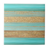 Modern Turquoise Faux Gold Glitter Stripes Patroon Tegeltje (Voorkant)