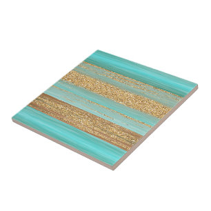 Modern Turquoise Faux Gold Glitter Stripes Patroon Tegeltje