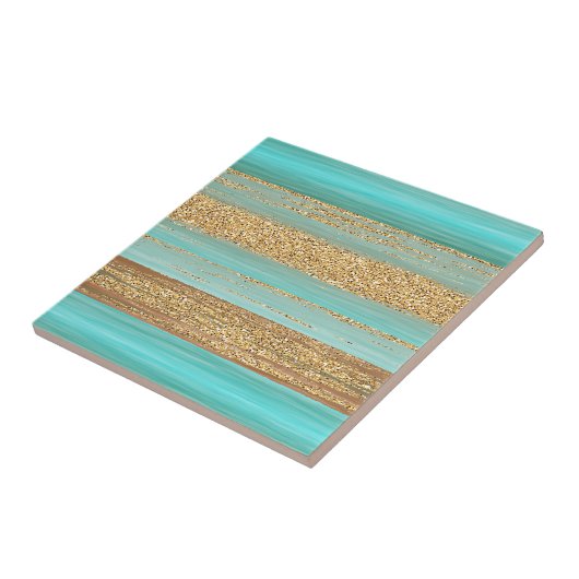 Modern Turquoise Faux Gold Glitter Stripes Patroon Tegeltje (Zijkant)