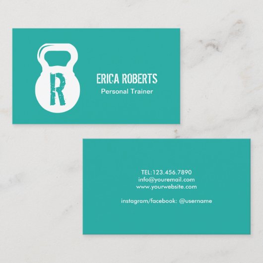 Modern Turquoise Fitness Personal Trainer Monogram Visitekaartje (Voorkant / Achterkant)