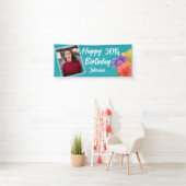 Modern Turquoise Floral Happy 30th Birthday Foto Spandoek (Insitu)