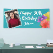Modern Turquoise Floral Happy 30th Birthday Foto Spandoek (Beurs)