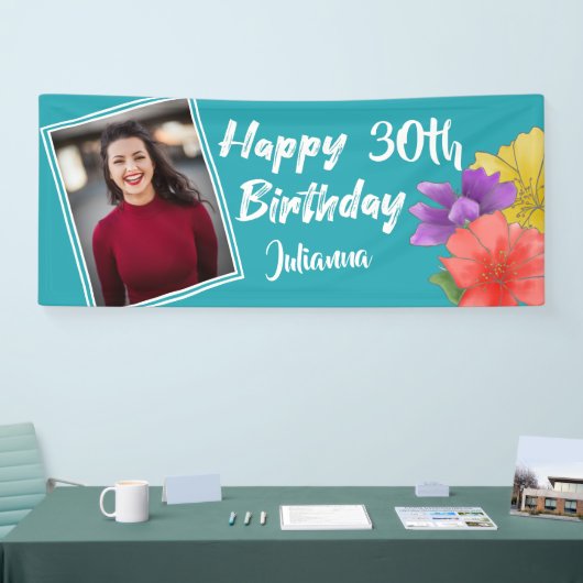 Modern Turquoise Floral Happy 30th Birthday Foto Spandoek (Beurs)