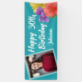 Modern Turquoise Floral Happy 30th Birthday Foto Spandoek (Verticaal)