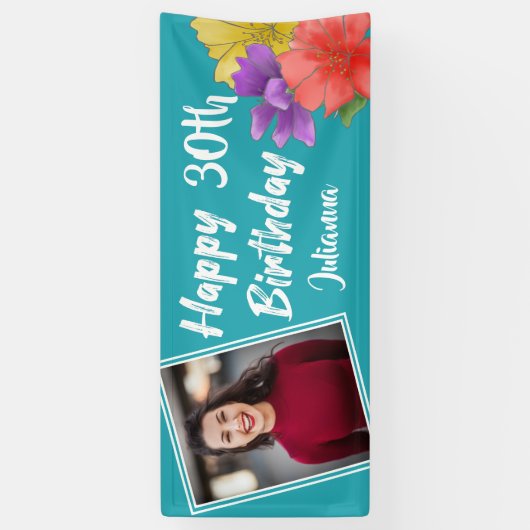Modern Turquoise Floral Happy 30th Birthday Foto Spandoek (Verticaal)
