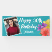 Modern Turquoise Floral Happy 30th Birthday Foto Spandoek (Horizontaal)