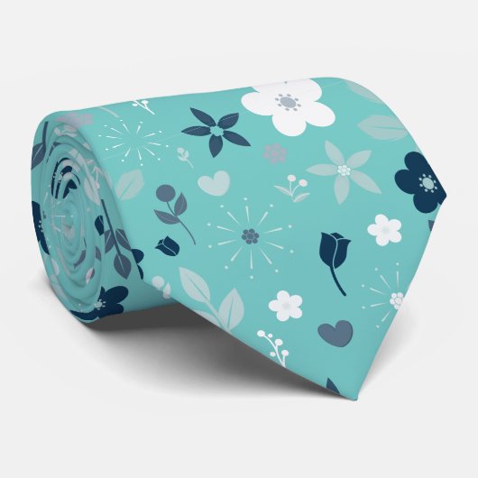 Modern Turquoise Floral Seamless Pattern Stropdas (Opgerold)
