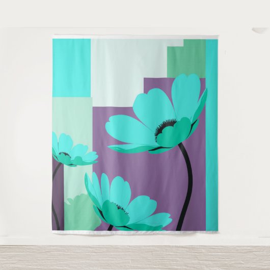 Modern Turquoise Floral Wall Tapestry Wandkleed (Voorkant)