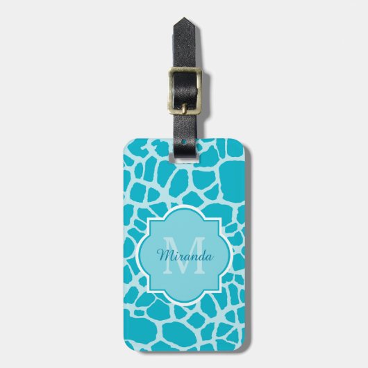 Modern Turquoise Giraffe Print Monogram met naam Bagagelabel (Voorkant verticaal)