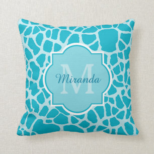 Modern Turquoise Giraffe Print Monogram met naam Kussen
