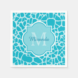 Modern Turquoise Giraffe Print Monogram met naam Servet