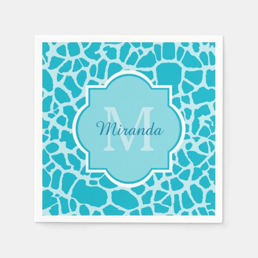 Modern Turquoise Giraffe Print Monogram met naam Servet (Voorkant)