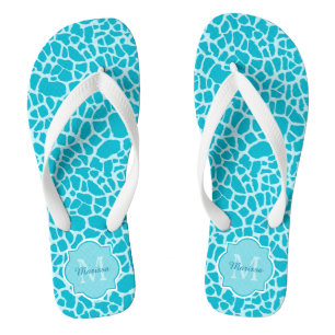 Modern Turquoise Giraffe Print Monogram met naam Teenslippers