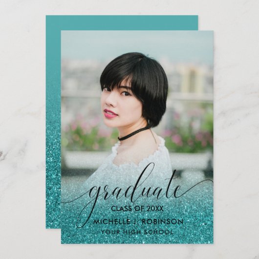 Modern Turquoise Glitter Ombre Girly Foto Aankondiging (Voorkant / Achterkant)