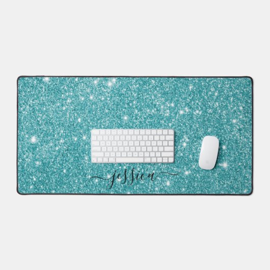 Modern turquoise glitter script name bureaumat (Keyboard & Muis)