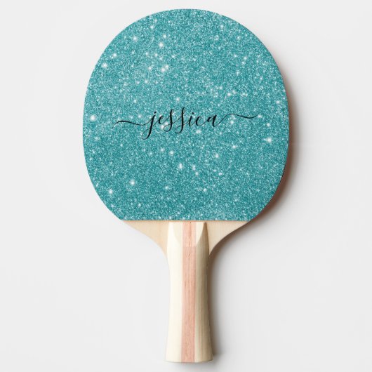 Modern turquoise glitter script name tafeltennisbatje (Voorkant)