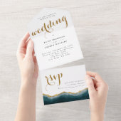 Modern Turquoise Gold Agate Calligraphy Wedding All In One Uitnodiging (Afscheurbaar)