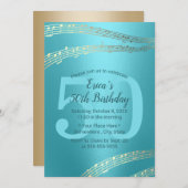 Modern Turquoise & Gold Music 50th Birthday Kaart (Voorkant / Achterkant)