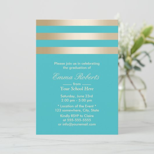 Modern Turquoise Gold Stripes Afstuderen Kaart (Staand voorkant)