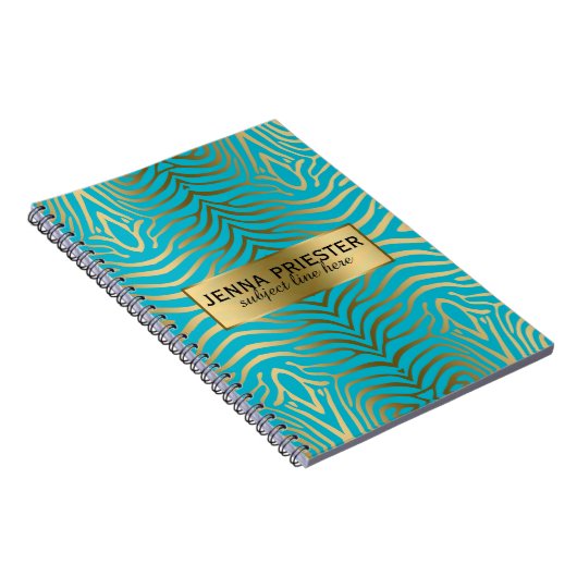 Modern Turquoise & Gold Zebra Stripes Pattern Notitieboek (Rechterzijde)