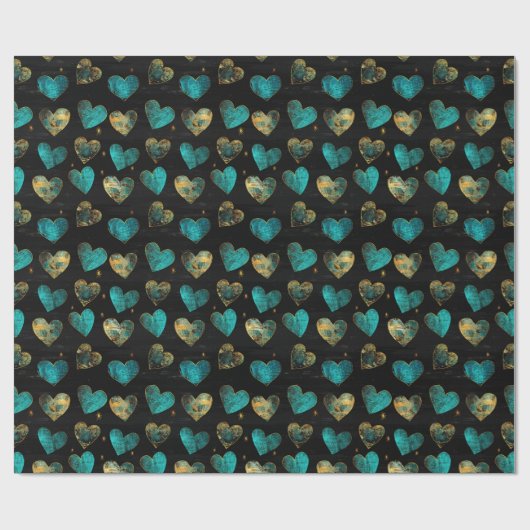 Modern turquoise gouden hartpatroon cadeaupapier (Vlak)