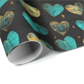 Modern turquoise gouden hartpatroon cadeaupapier (Rol Hoek)