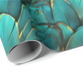 Modern turquoise gouden veren patroon cadeaupapier (Rol Hoek)