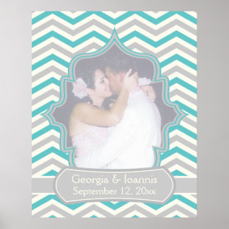 Modern turquoise, grijs chevron bruiloft poster